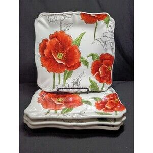 Maxcera Red Poppy Square Salad Plates 8.5" Set of 4 Scalloped Floral